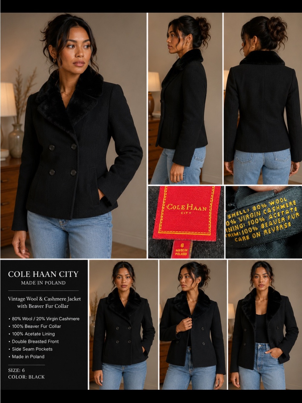 Cole Haan Black Wool-Cashmere Double-Breasted Jacket with Fur Collar